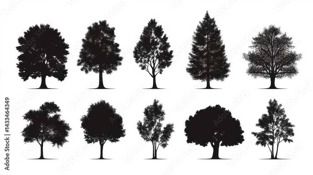 Fototapeta premium Silhouette vector design featuring various types of trees in sharp black lines on white background