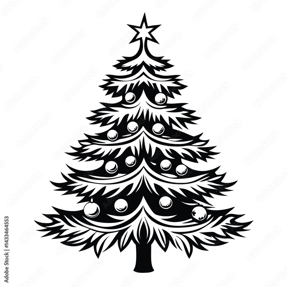 Obraz premium Ornate Monochrome Christmas Tree Silhouette with Star Topper and Bauble Decorations