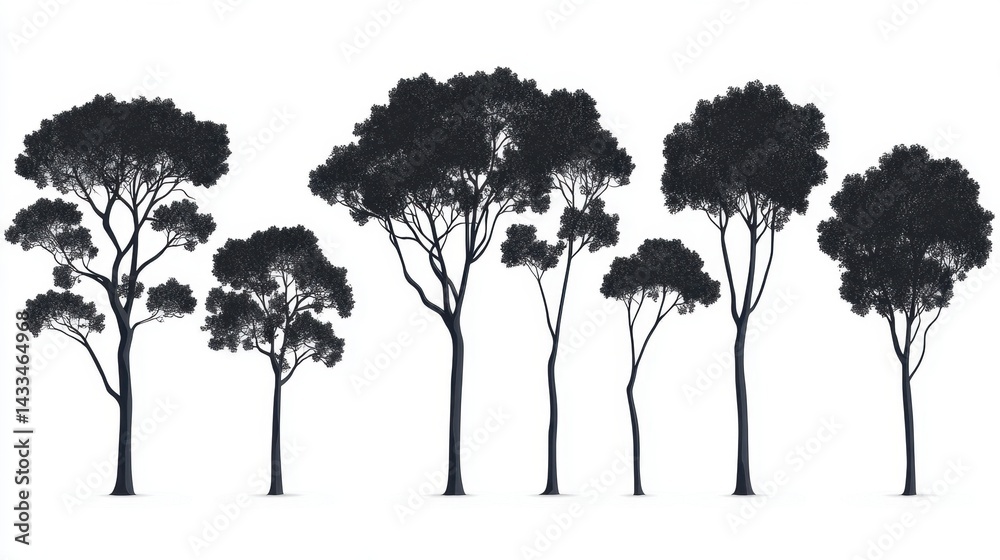 Fototapeta premium Tree silhouettes collection in black on a white background for design purposes