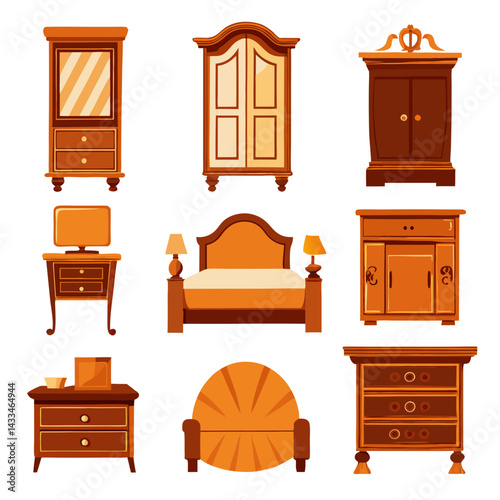 Set of wooden furniture icons