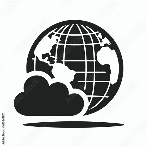  very simple flat and single minimalist Globe Cloud Computing Silhouettes in black on a white background 