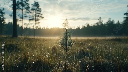 Wallpaper Mural A small evergreen tree stands in a misty morning meadow Torontodigital.ca
