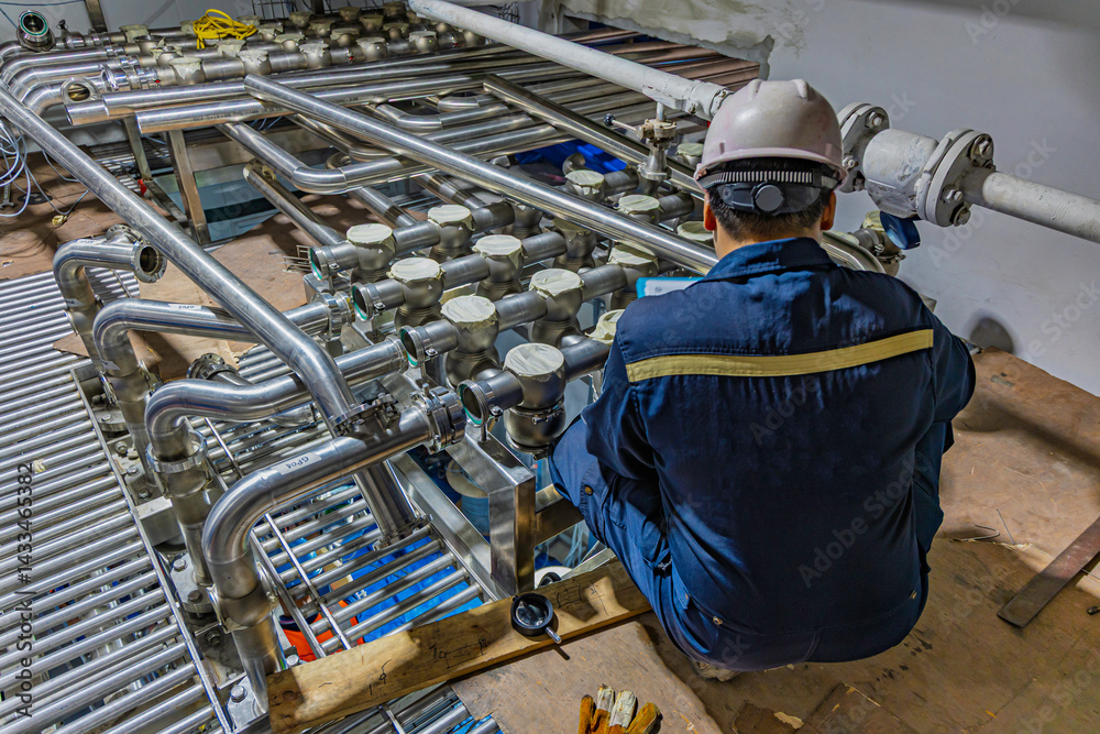Male work inspection process stainless steel pipe stainless with pressure meter in equipment tank facility for drink cellar at the with vertical stainless valve