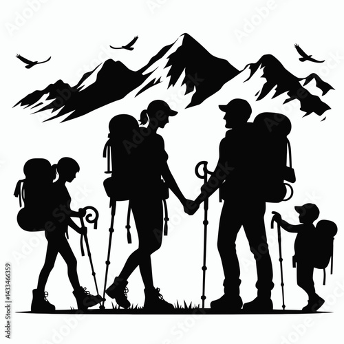  very simple flat and single minimalist Hiking Family Silhouettes in black on a white background