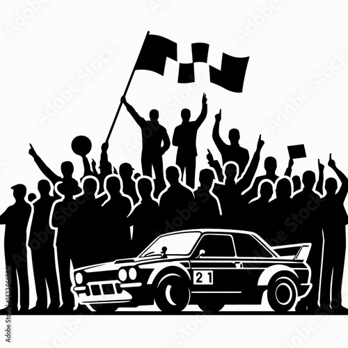  very simple flat and single minimalist Rally Group Silhouettes in black on a white background 