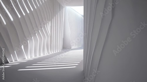 Futuristic white corridor with abstract geometric light patterns

