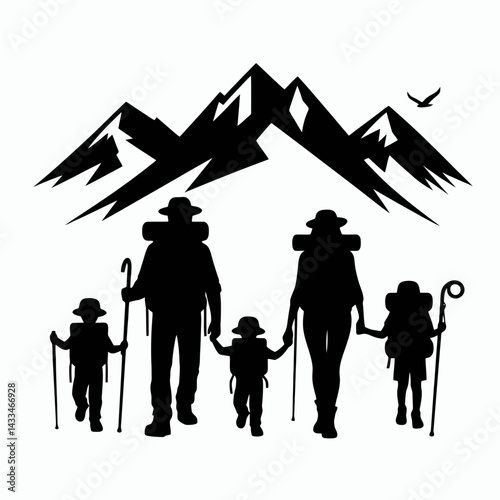  very simple flat and single minimalist Hiking Family Silhouettes in black on a white background 