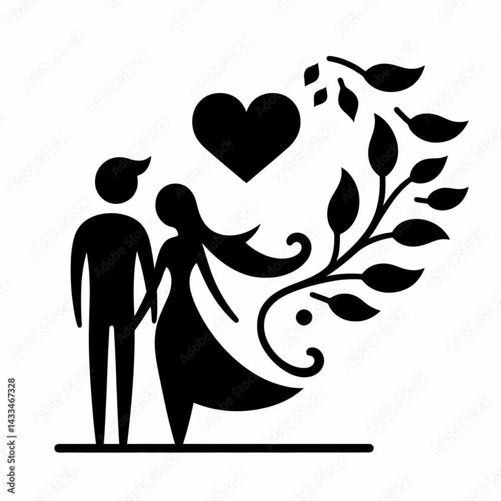 Fototapeta premium very simple flat and single minimalist Couple and Heart Love Silhouettes in black on a white background