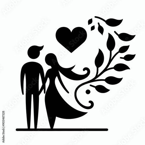  very simple flat and single minimalist Couple and Heart Love Silhouettes in black on a white background