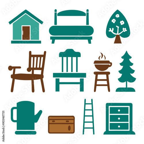 Set of wooden furniture icons