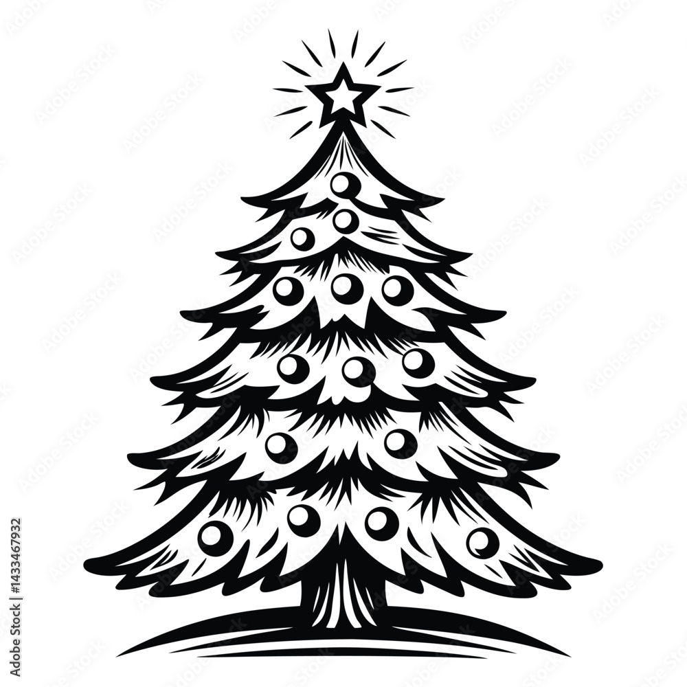 Obraz premium Black and White Christmas Tree with Star Topper and Baubles Decoration Isolated