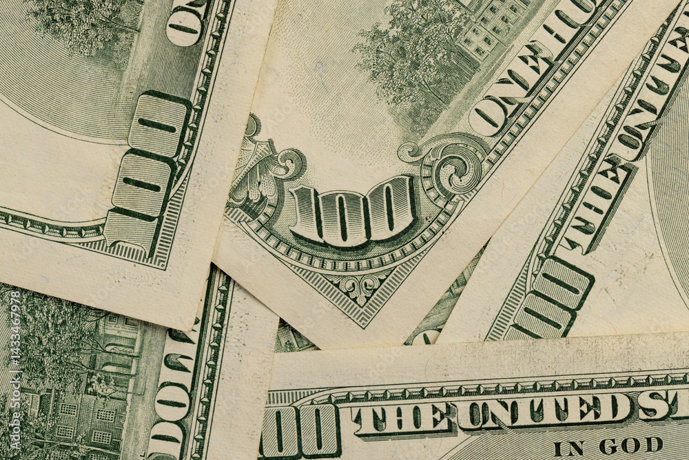 one hundred genuine dollars series from 1990 to 2006, old American dollars in face value of 100, close up