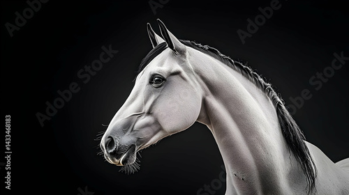 White Horse Portrait with Dark Background Showing Profile View of Equine Head and Mane with Drool