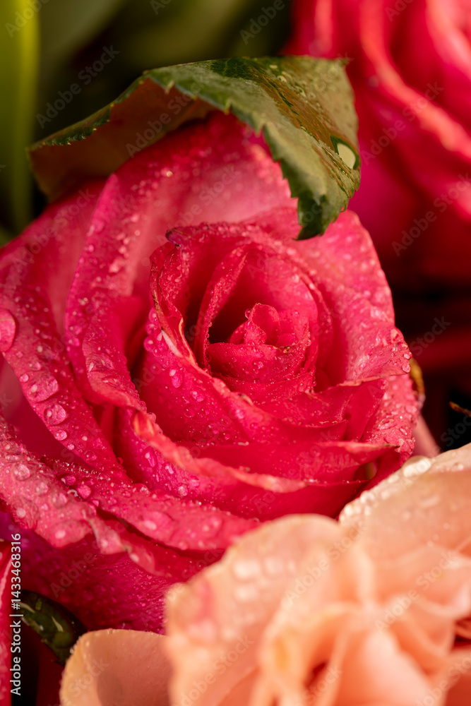covered with drops of water, a group of red rose flowers for making bouquets for a gift