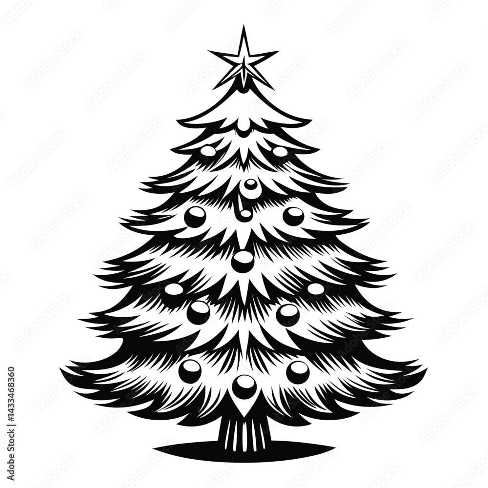 Obraz premium Stylized Christmas Tree Design Black and White Silhouette with Star Topper & Baubles