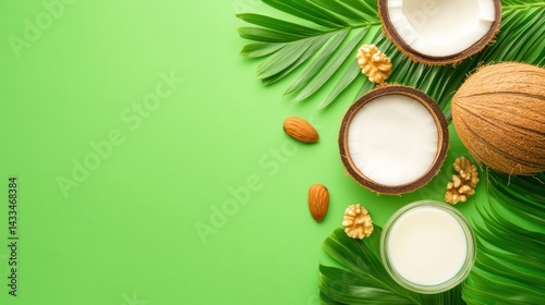 Coconut milk almonds walnuts and palm leaves on green background