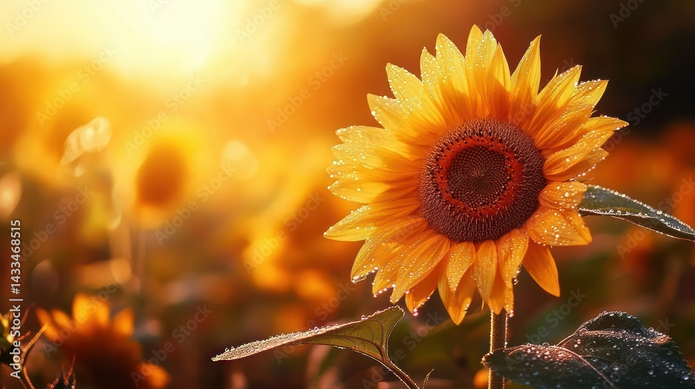 Naklejka premium A vibrant sunflower covered in water droplets against the sunlight
