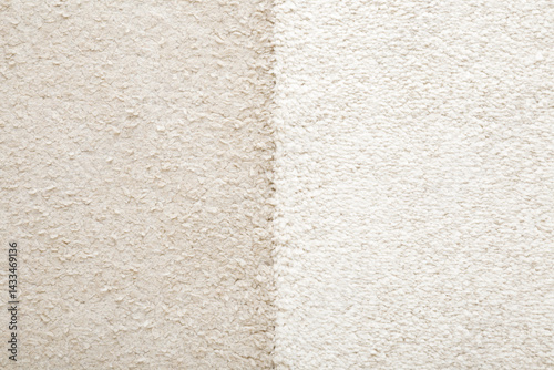 Difference between white new clean and used dirty fluffy home carpets. Compare two rugs. Closeup. Top down view.