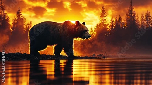 Majestic bear walking along a tranquil riverside at sunset, surrounded by misty forest backdrop