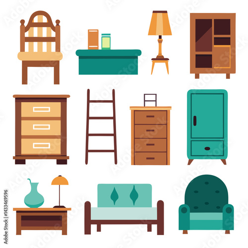 Set of wooden furniture icons