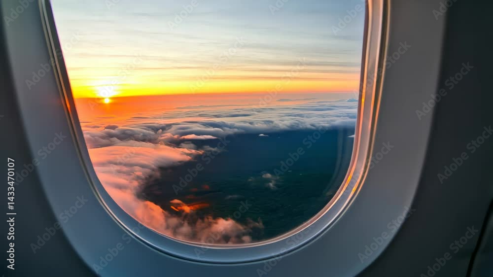 Golden sunset above clouds seen through airplane window during flight

