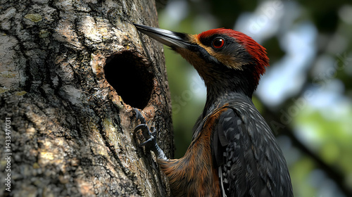 Woodpecker Examining Nest Hole In Tree