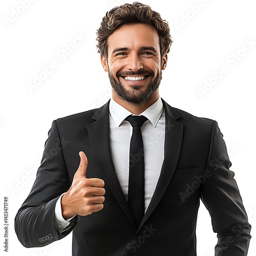 Confident Professional: A sharply dressed businessman beams with a warm, assured smile, offering a thumbs-up gesture to convey approval and success.
