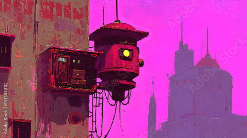 Cyberpunk city; futuristic building detail; pink sunset; mysterious device; urban sci-fi illustration; ideal for game design