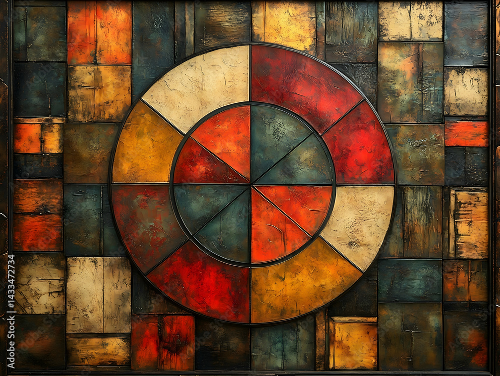 Fototapeta premium Abstract artwork featuring a central circular motif composed of segmented richly textured color fields in earth tones