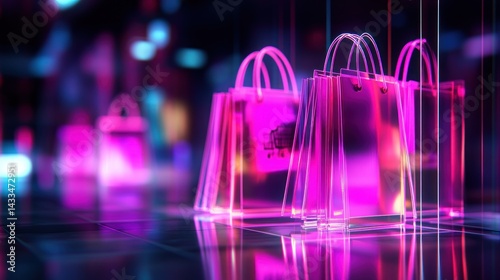 Glowing, vibrant pink shopping bags in a futuristic, digital city environment.