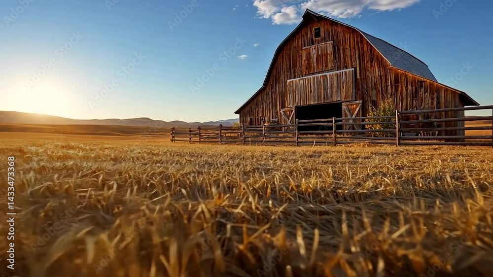 Rustic building in a sunlit field with golden wheat under a clear blue sky. Wooden fence in the foreground adding depth. Warm, inviting rural scene with natural light