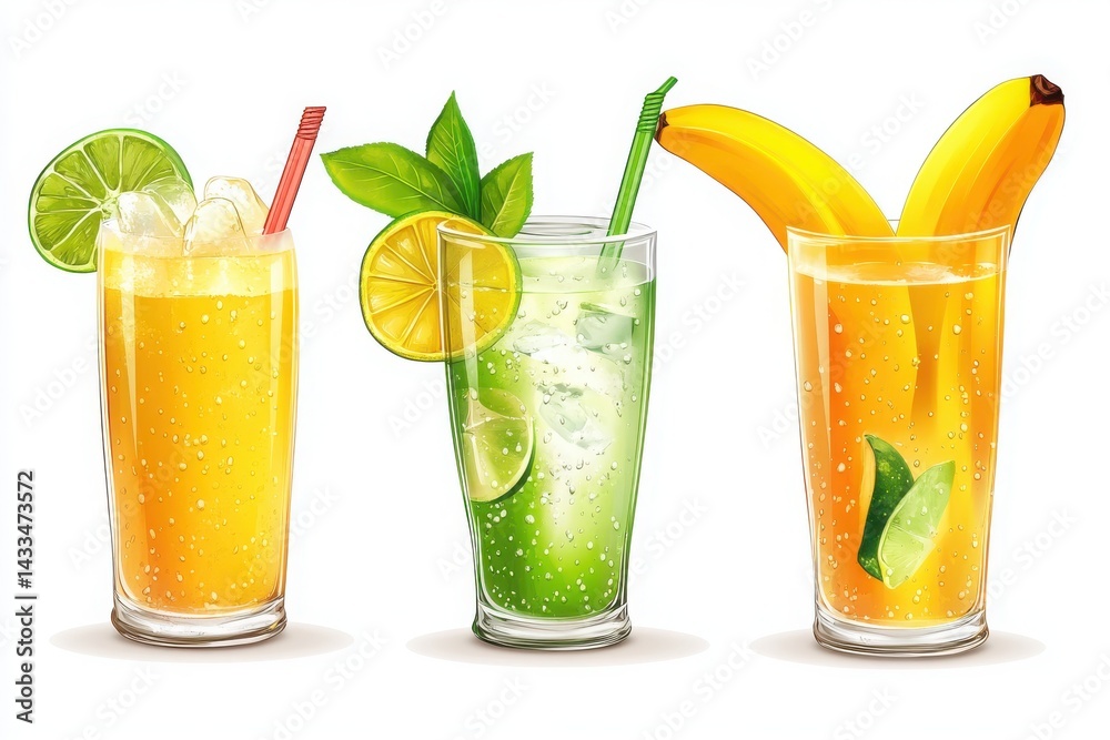 A simple set of banana, mango, and water, isolated on white. A simple set of banana, mango, and water, isolated on white.