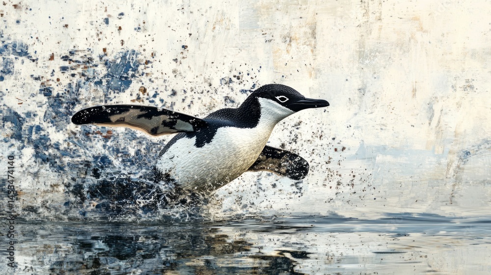 Fototapeta premium Penguin jumping into water, splash and ice background. Suitable for wildlife themes, educational materials, children's books.