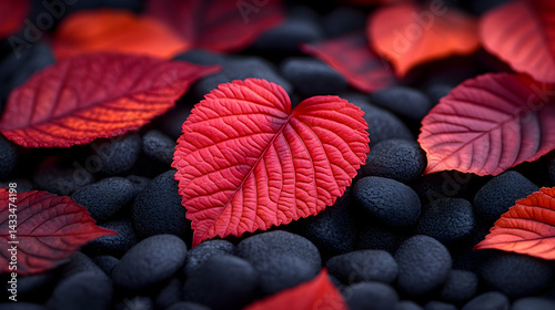 Red autumn leaves rest on dark stones  Natures contrast