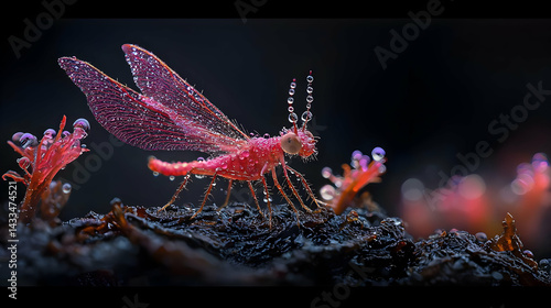 Detailed Macro Shot of a Pink Winged Insect with Glittering Texture and Light Effects on Dark Organic Background