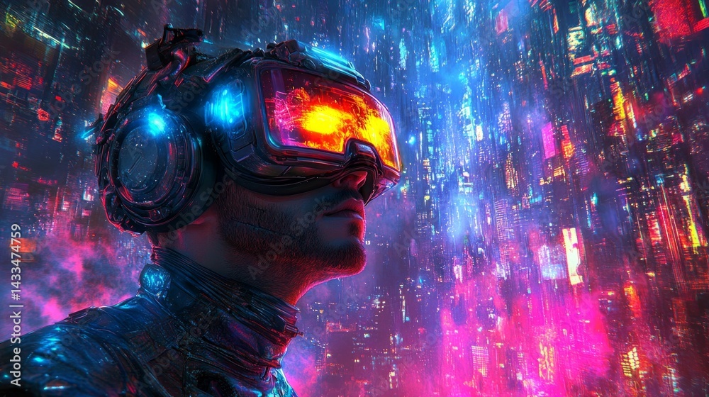 Bright digital art with futuristic man in VR-glasses on the background of neon city. Suitable for science fiction book covers, futuristic projects, technology blogs. Bright digital art with futuristic man in VR-glasses on the background of neon city. Suitable for science fiction book covers, futuristic projects, technology blogs.