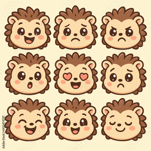Adorable baby hedgehog showing nine different cartoon emotions