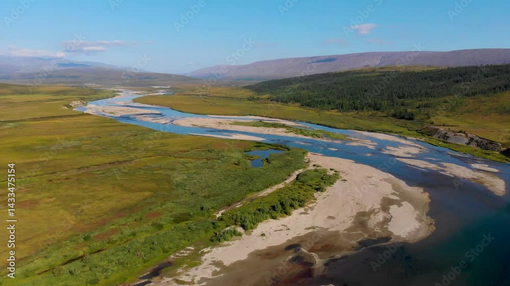 View of the Rai-Iz mountain and the Sob River in the Polar Urals on a sunny summer day, Yamal, Russia