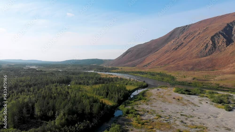 View of the Rai-Iz mountain and the Sob River in the Polar Urals on a sunny summer day, Yamal, Russia
