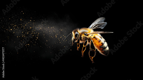 Honeybee In Flight With Golden Dust Particles