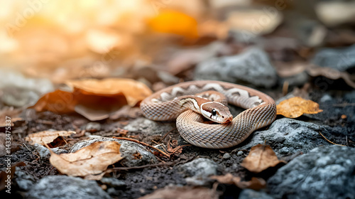 Small Snake On Forest Floor In Autumn Sunlight