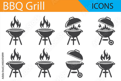 Grilling Icon Set Featuring BBQ Grills, Charcoal, and Cooking Tools for Outdoor Activities