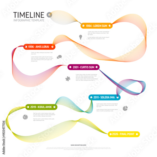 A multicolored timeline infographic visually depicts key milestones. Features include colorful waves, icons, and year-by-year progress for dynamic data presentation.