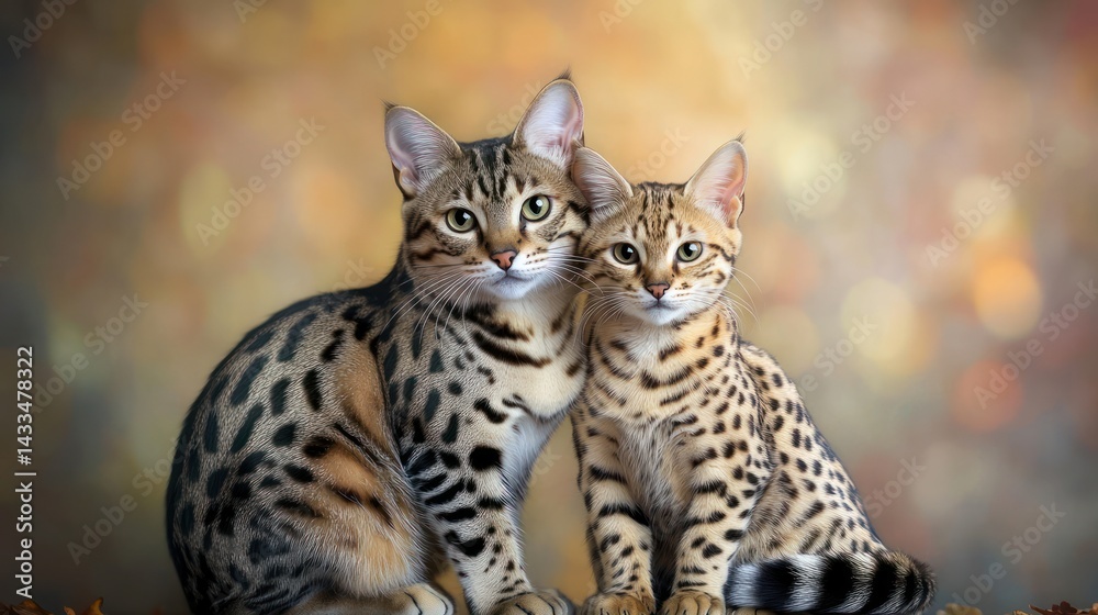 Naklejka premium Two Bengal cats cuddling indoors, warm background, suitable for pet care articles