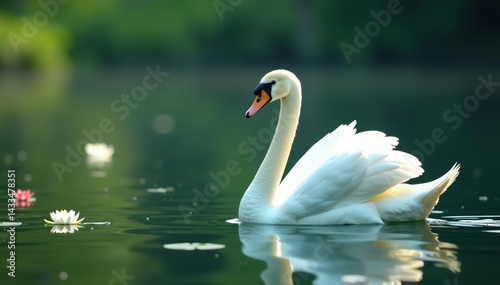 Fototapeta Naklejka Na Ścianę i Meble -  Tranquil white swan gracefully gliding on calm lake with water lilies, lake, graceful, lilies