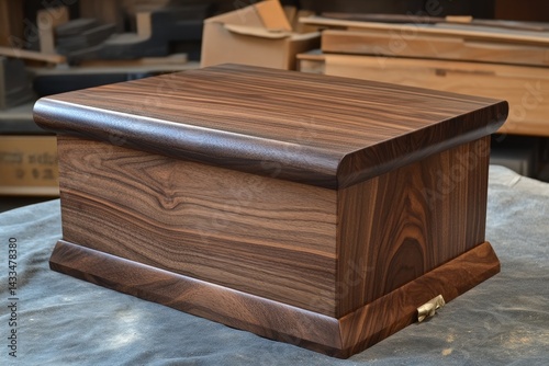 Handcrafted wooden box with intricate design showcasing rich wood grain.