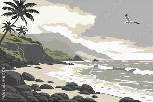 66 Beach landscape, rocky shoreline, crashing waves, cloudy sky, seagull in flight, sandy beach, dark volcanic rocks, ocean horizon, tropical scenery, overcast weather, coastal environment, tranquil a