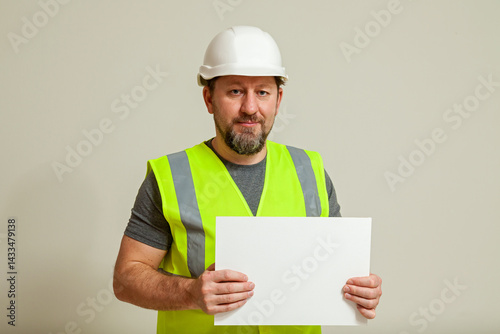 Male construction worker wearing a white helmet and reflective vest, standing against a neutral background while holding a blank white sign for copy space