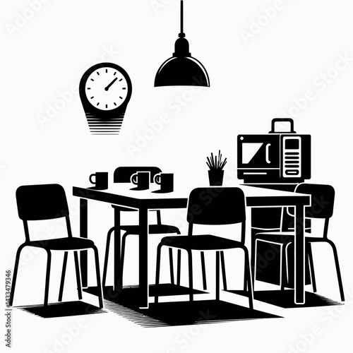A Breakroom table. Stationary graphic design. Relaxation area desk furnishing for communal dining workplace social theme.