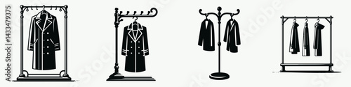 A Coat rack. Stationary graphic design. Hall tree fixture entry foyer garment holder for jacket hat gear.